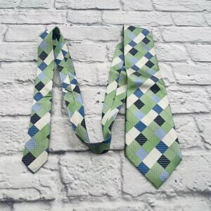 GEOFFREY BEENE Men's Blue Green Beige Geometric Diamond Silk Necktie 4"x59"